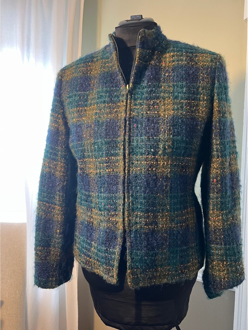 Vintage Jones New York Boucle Wool Blend Plaid Zip-Up Jacket Size 12